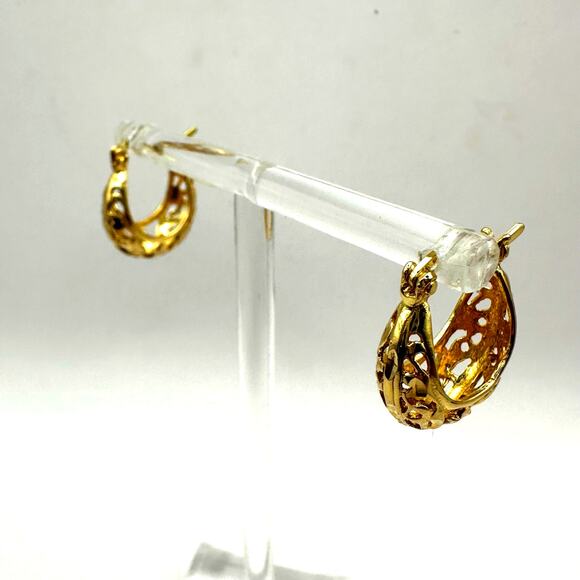 Gold Vermeil Filigree Hoop Earring 925 Turkey Mark Pierced Casual Hoops - Picture 1 of 9
